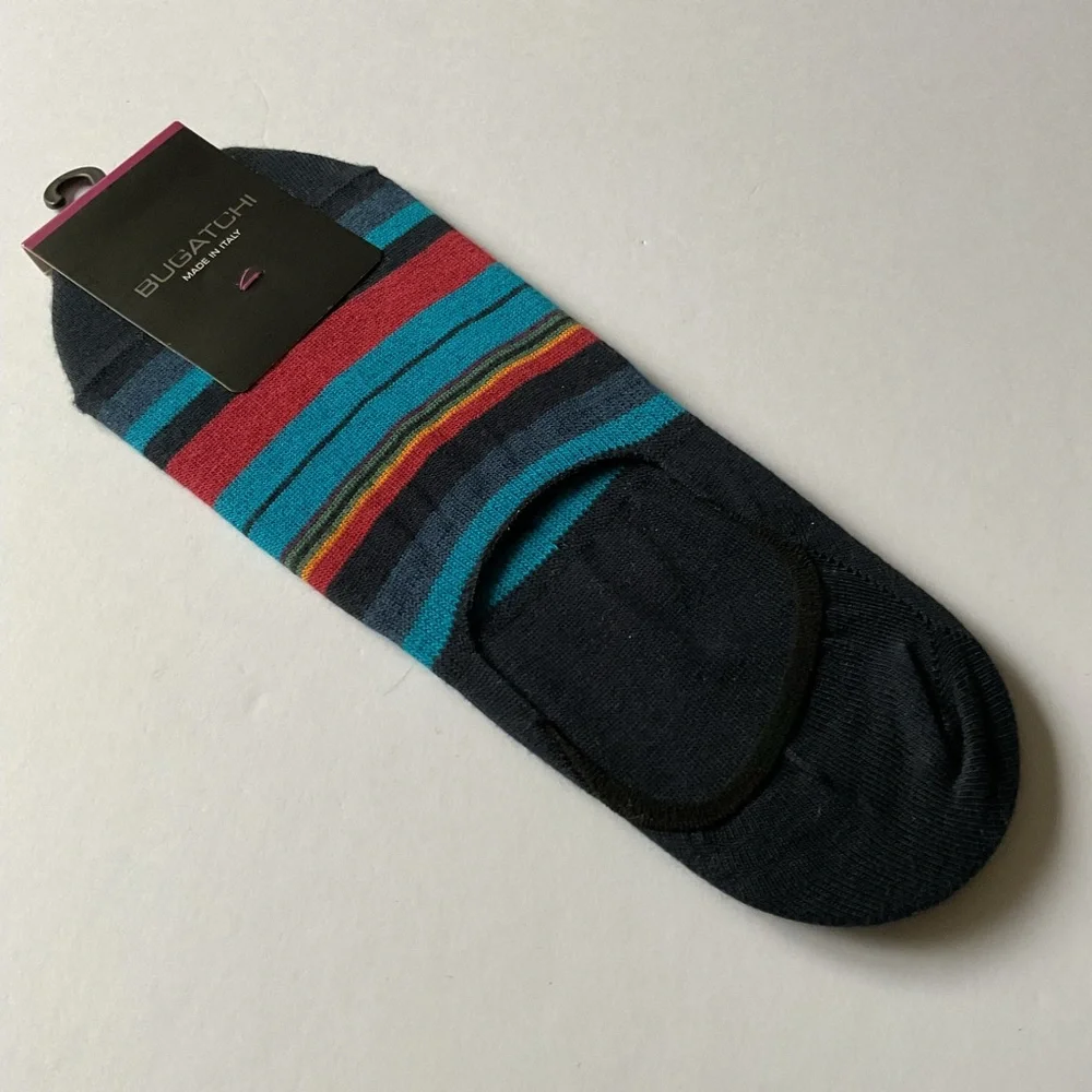 BUGATCHI MENS COTTON LINER SOCKS  BLUE MULTI-COLOR STRIPE OS NWT
